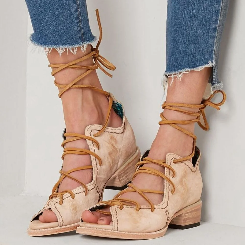 Freebird by Steven Peace boot sandals natural distressed leather lace-up women 7